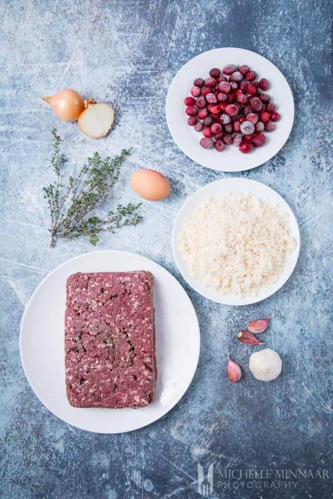 Ingredients to make venison meatballs on a counter