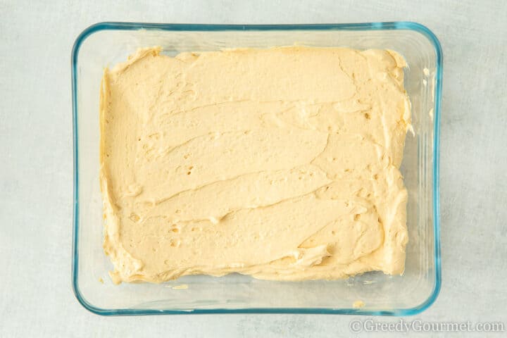 caramel layer on top of biscuit.