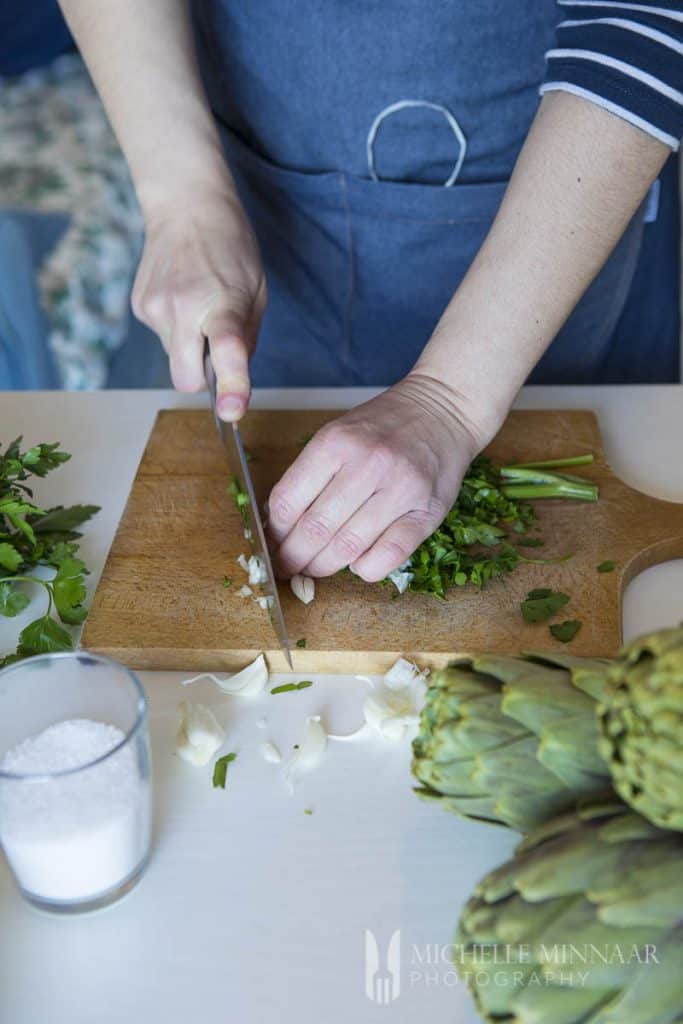 Onions Herbs being chopped