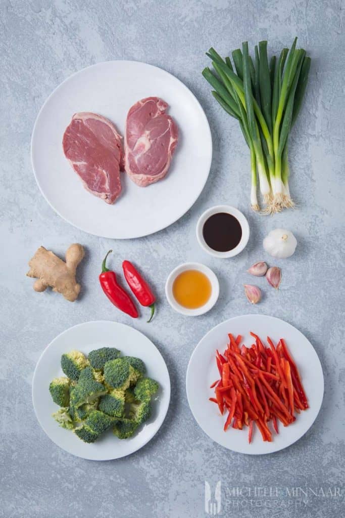 Ingredients to make lamb stir fry