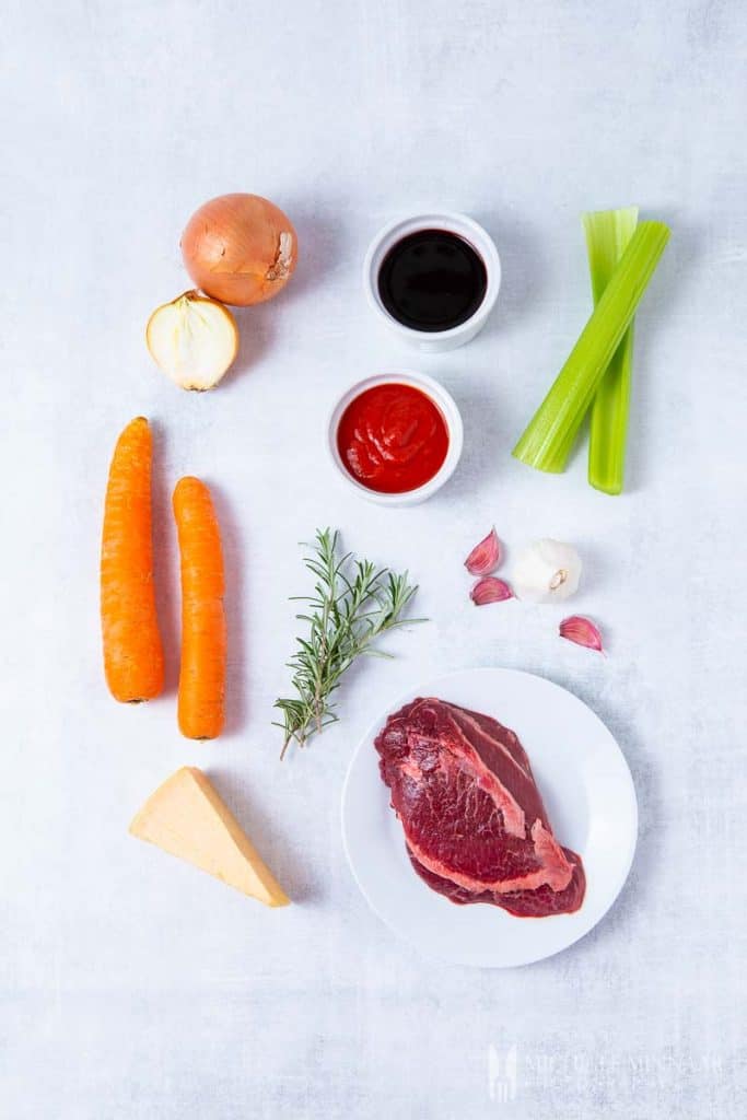 Ingredients to make beef cheek ragu on a counter