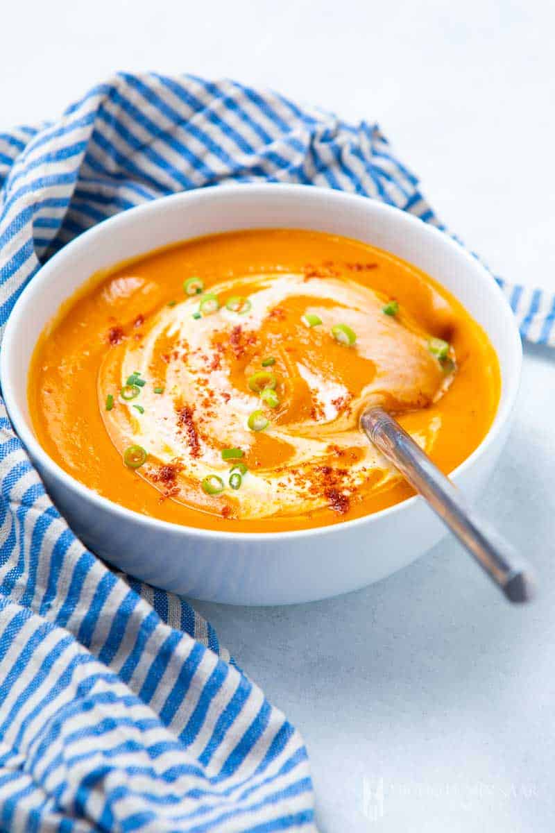 A bowl of sweet potato and red pepper soup