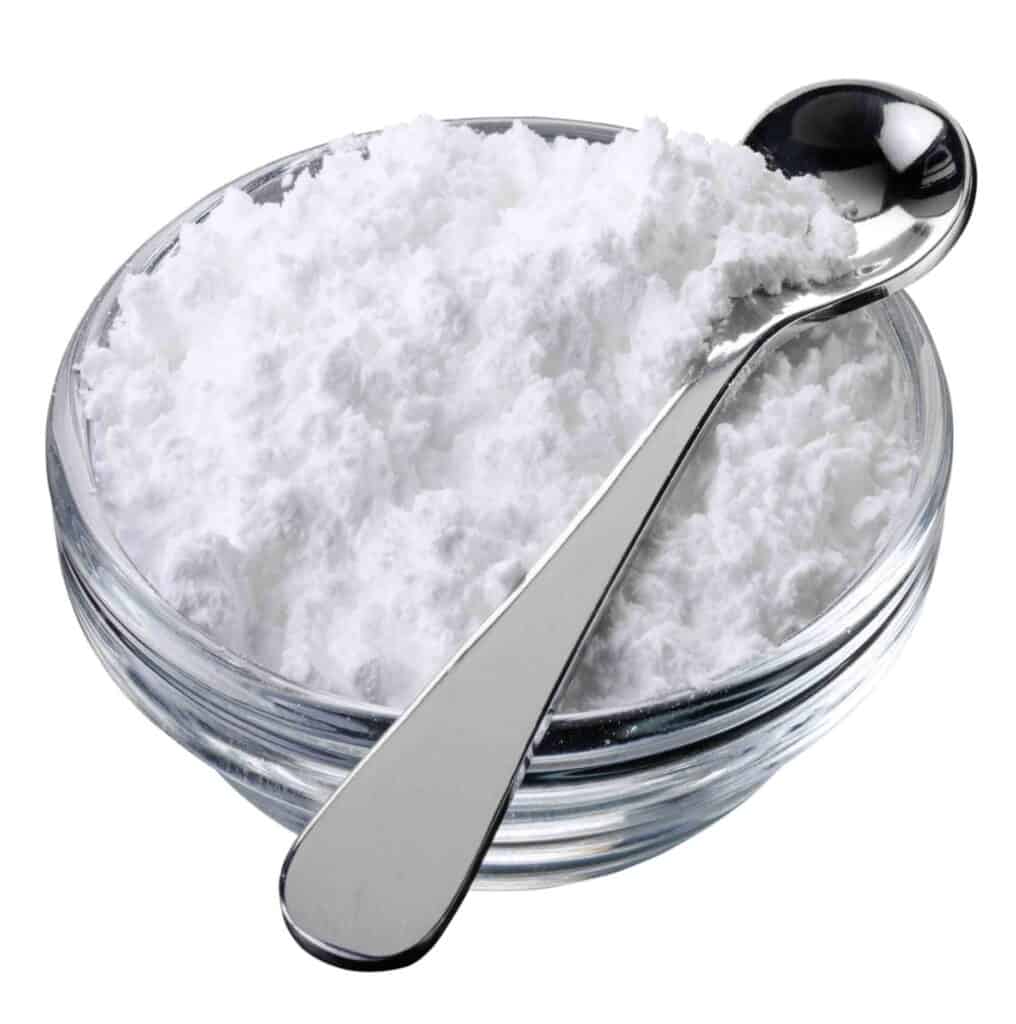 white arrowroot flour in a silver bowl