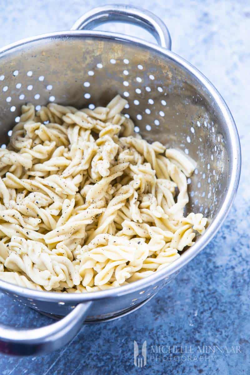 Fresh pasta in a strainer