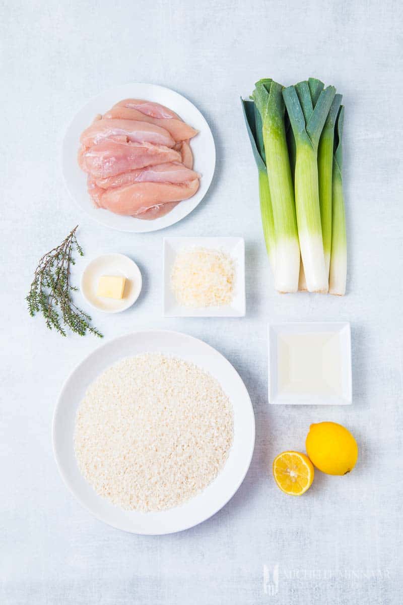 Ingredients to make chicken and leek risotto