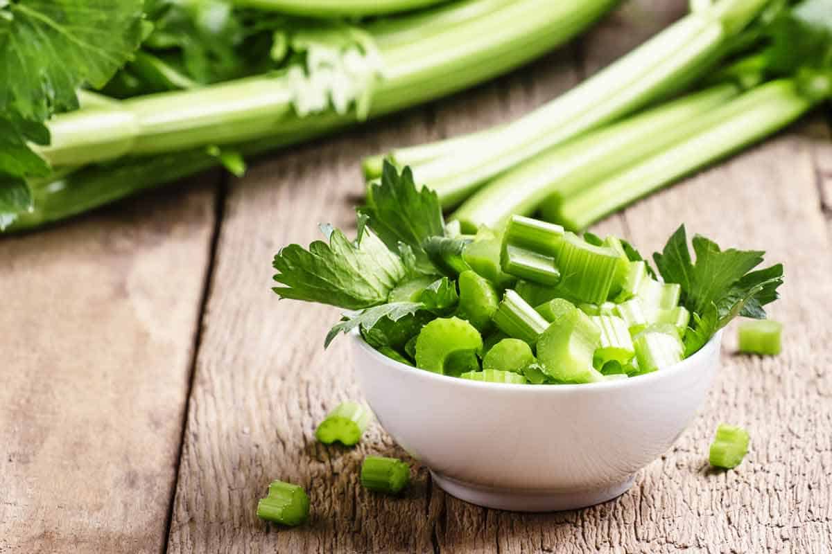 A chopped bowl of fresh green celery