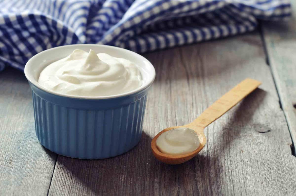 A bowl of white greek yogurt