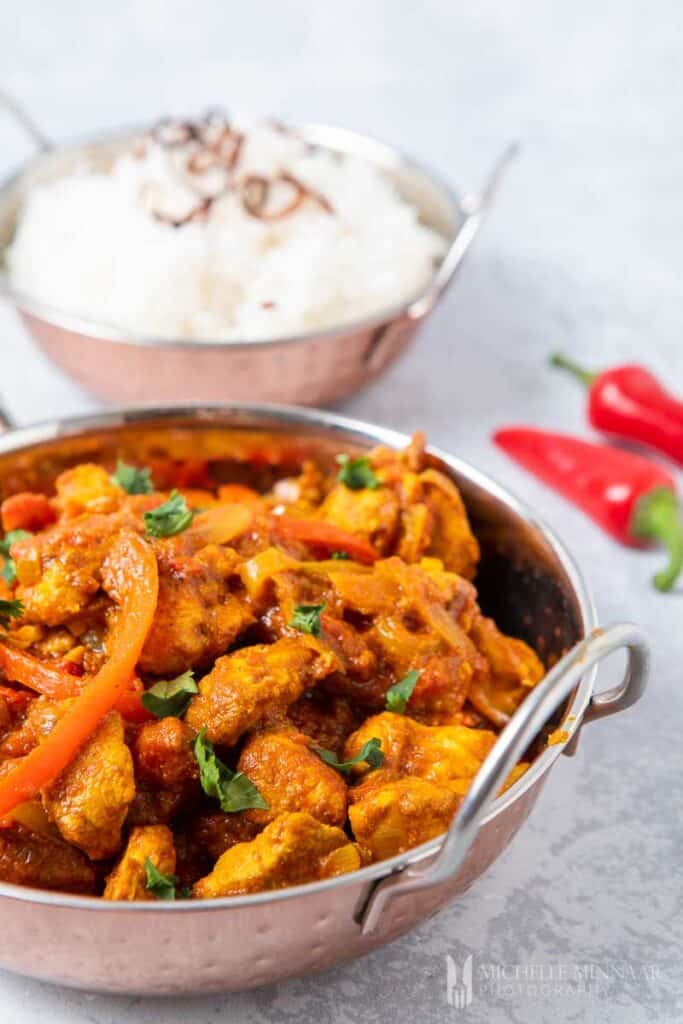 Close up of Chicken Jalfrezi and white rice