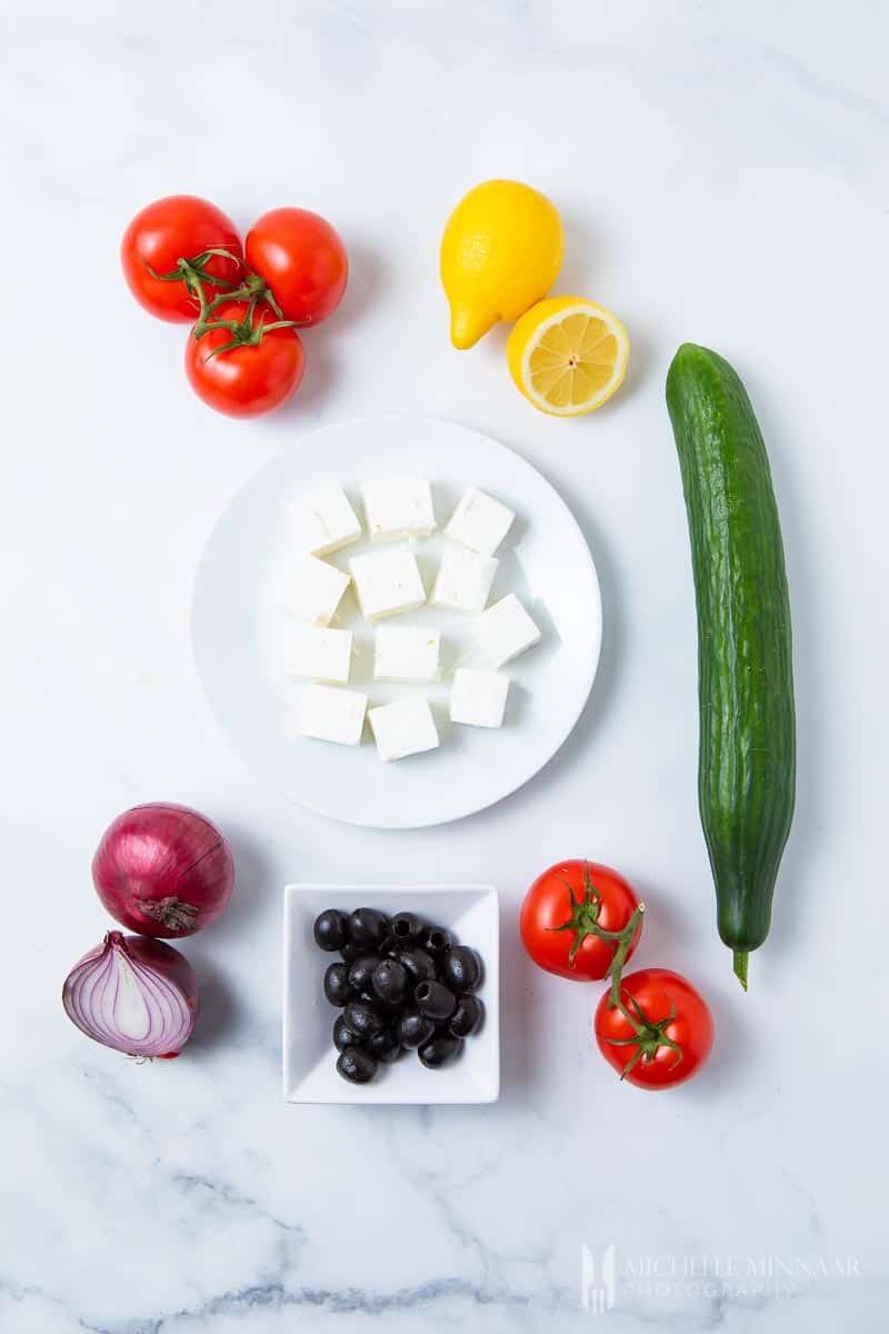 Ingredients to make Mediterranean salad