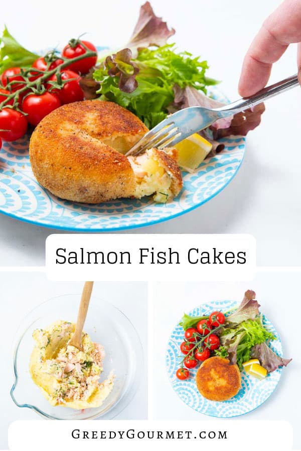 A fork cutting into a salmon fish cake