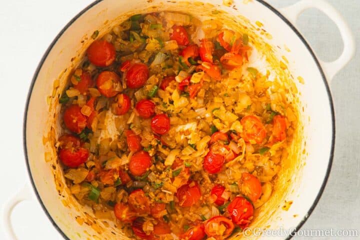 fried onion, chili and cherry tomatoes.