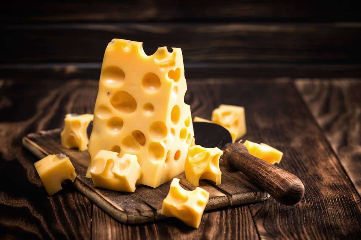 A tall triangle block of yellow emmental cheese with holes.