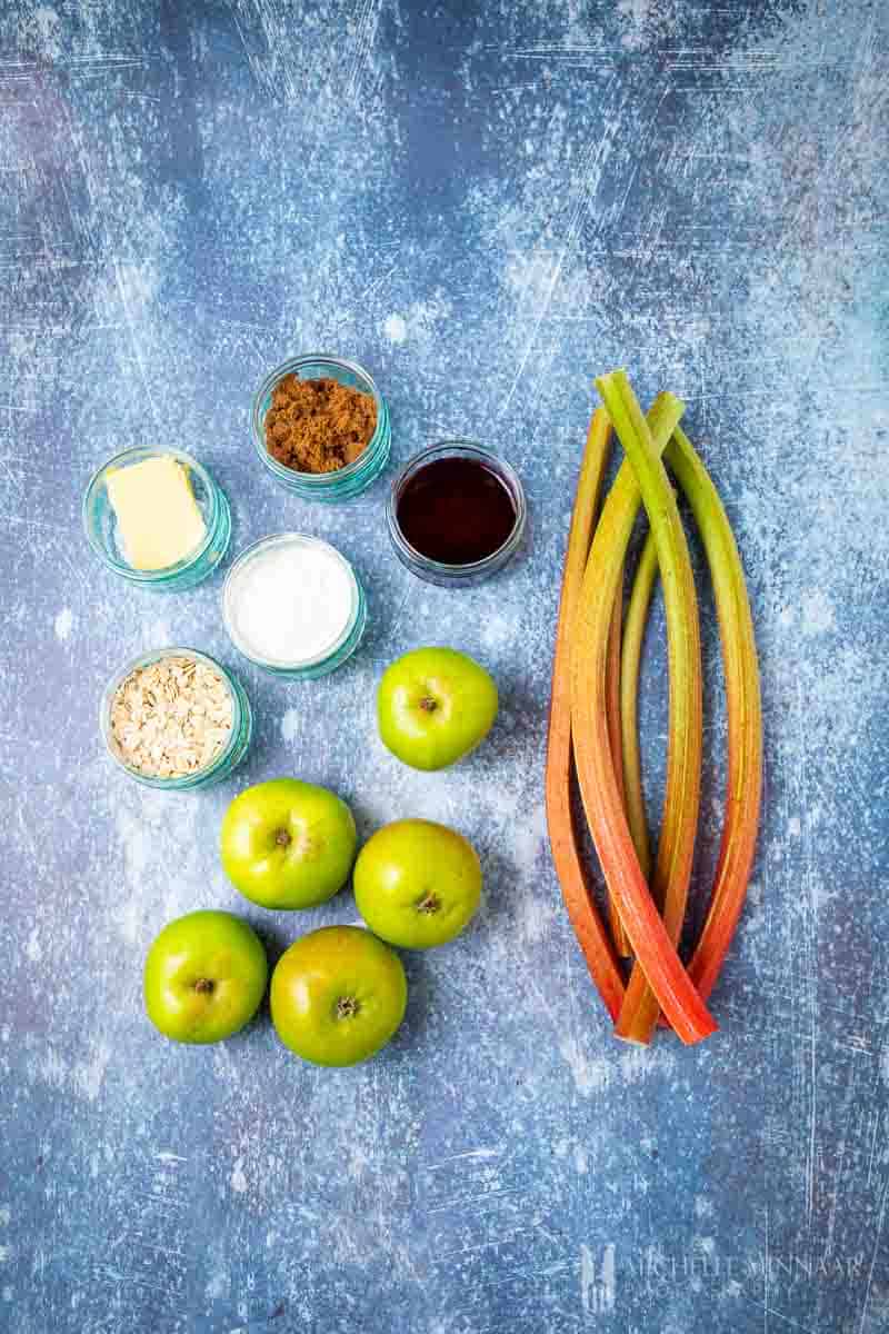 Ingredients to make apple and rhubarb crumble