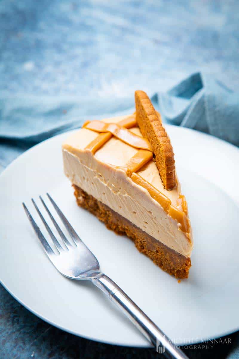 A slice of biscoff cheesecake