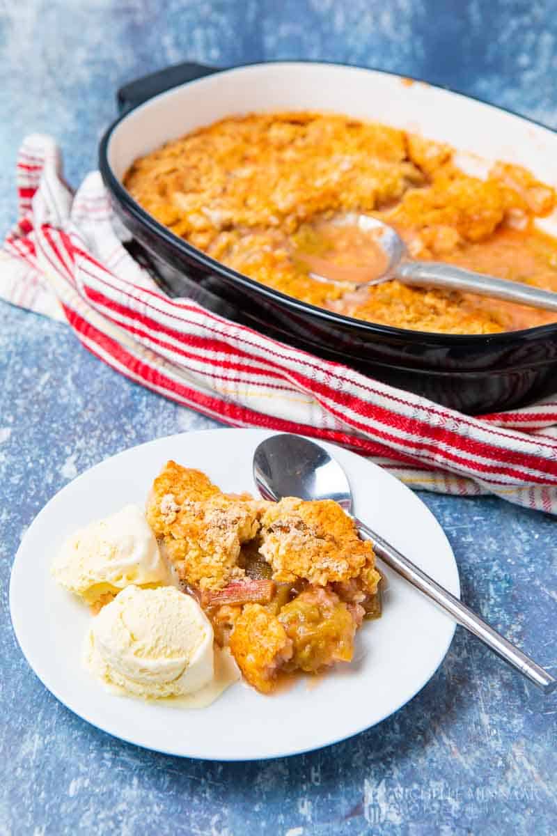 A slice of rhubarb dump cake