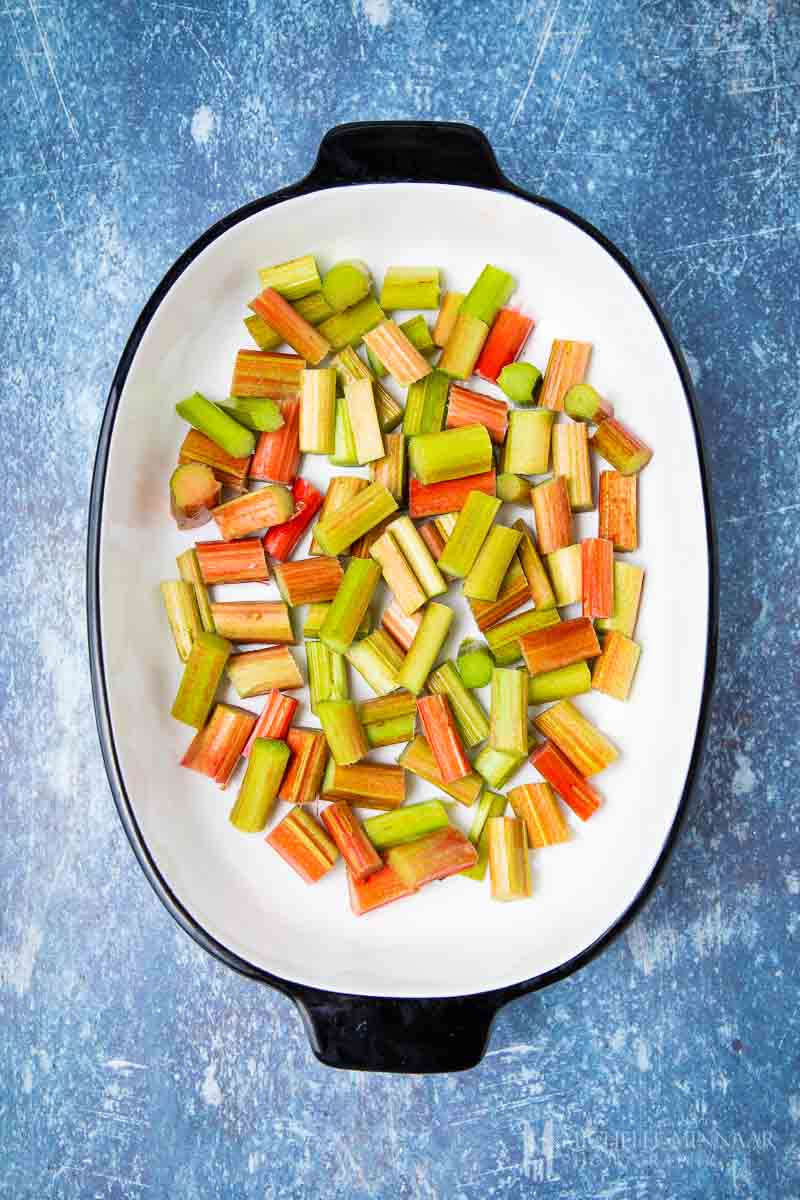 Cut up rhubarb in a casserole dish