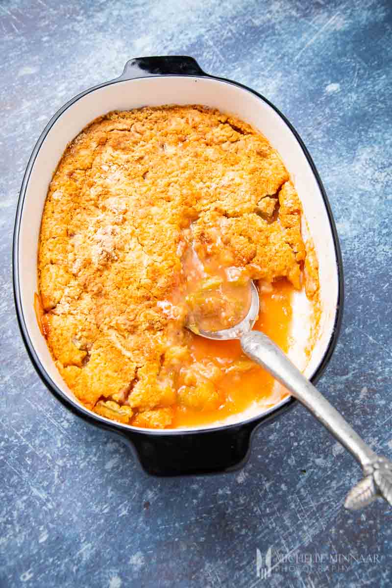 A cooked rhubarb dump cake from the oven