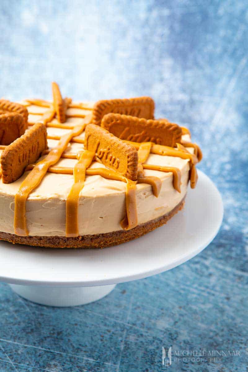 A biscoff cheesecake - speculoos cookies topped on a cheesecake