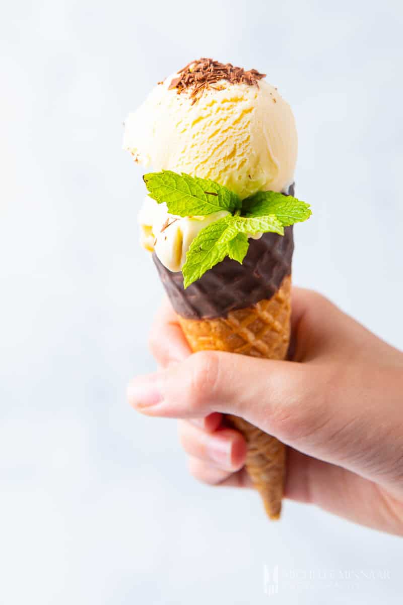 Close up of two scoops of peppermint ice cream with mint 