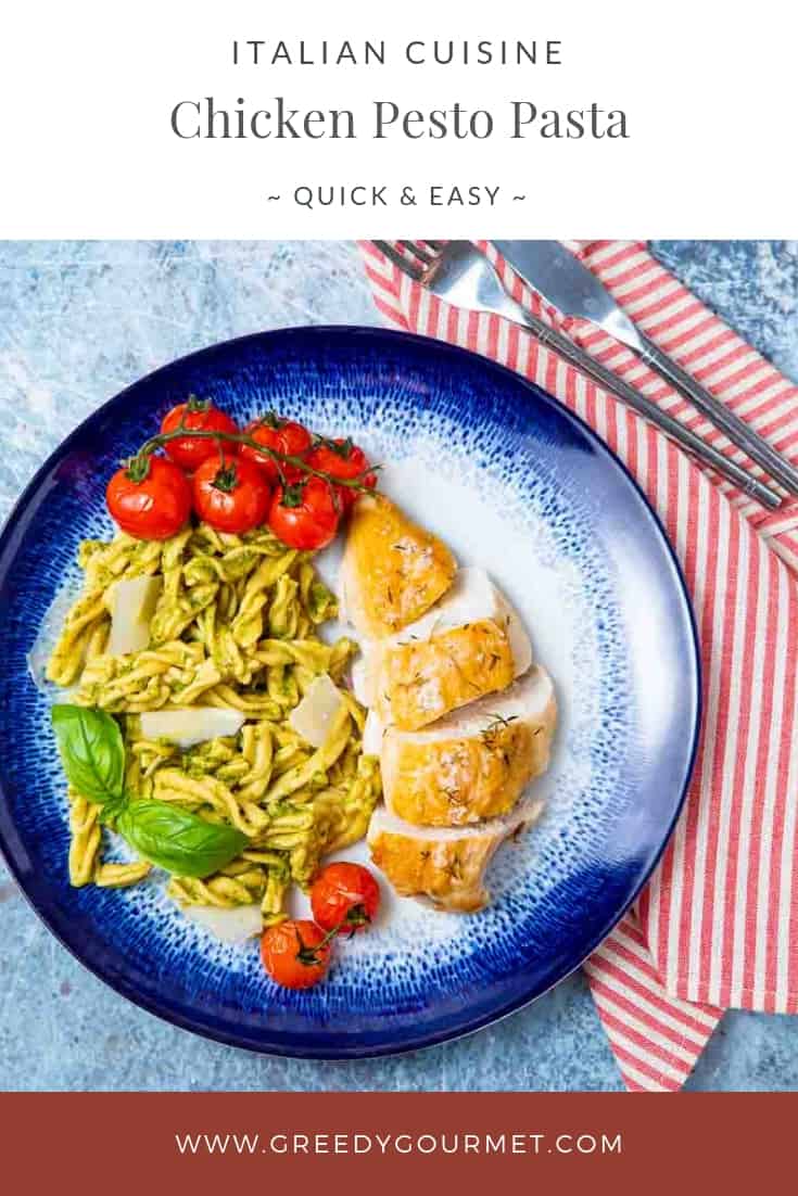 A plate of chicken pesto pasta