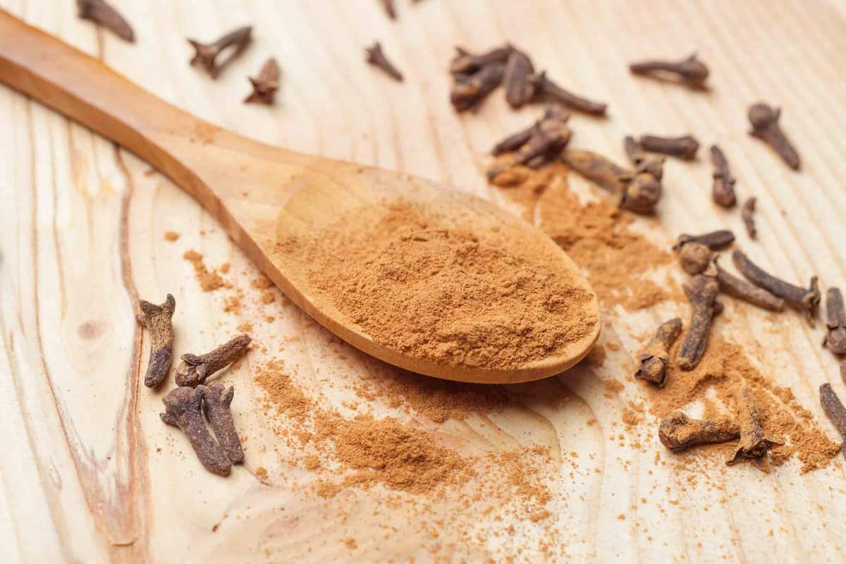 Tan ground cloves on a wooden spoon