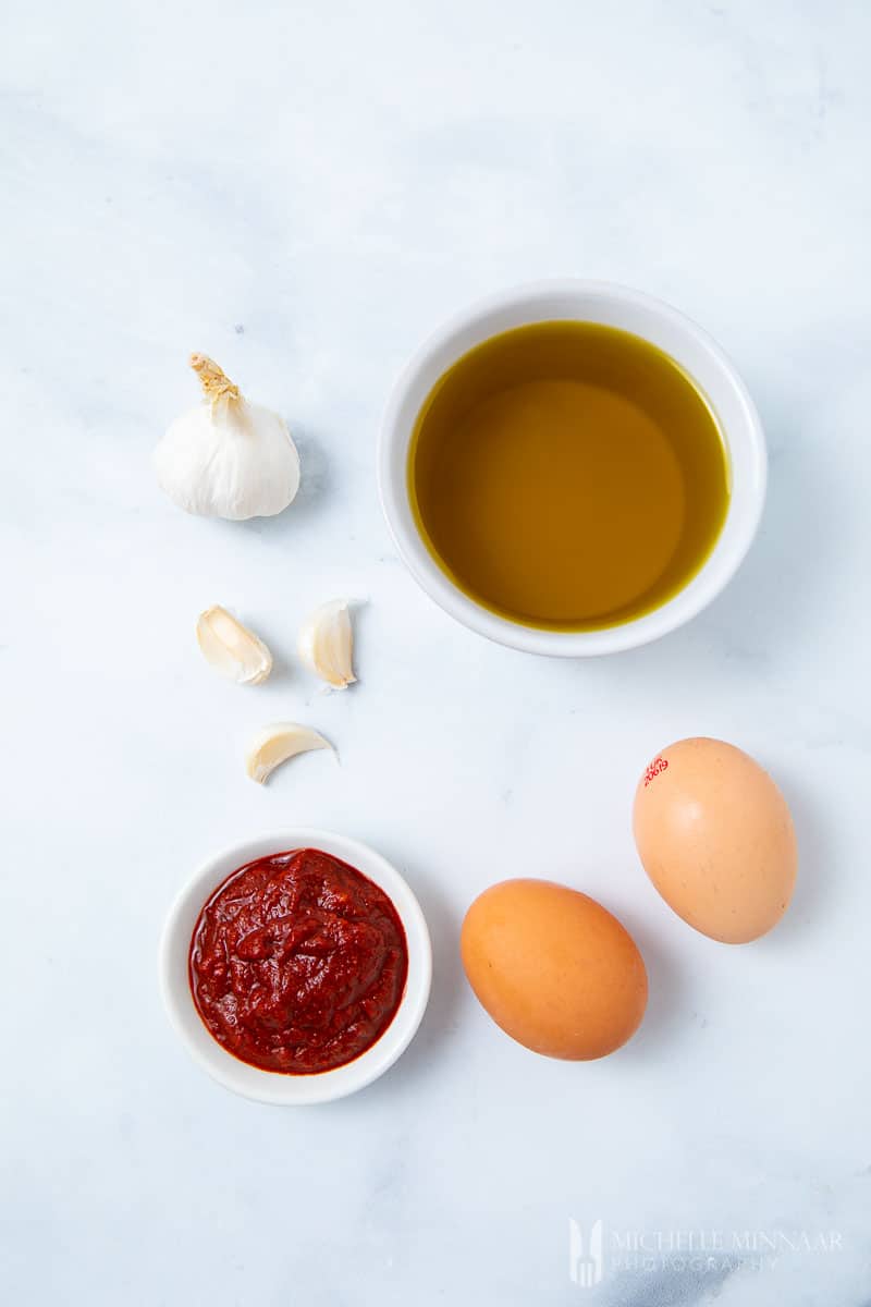 Ingredients to make harissa aioli