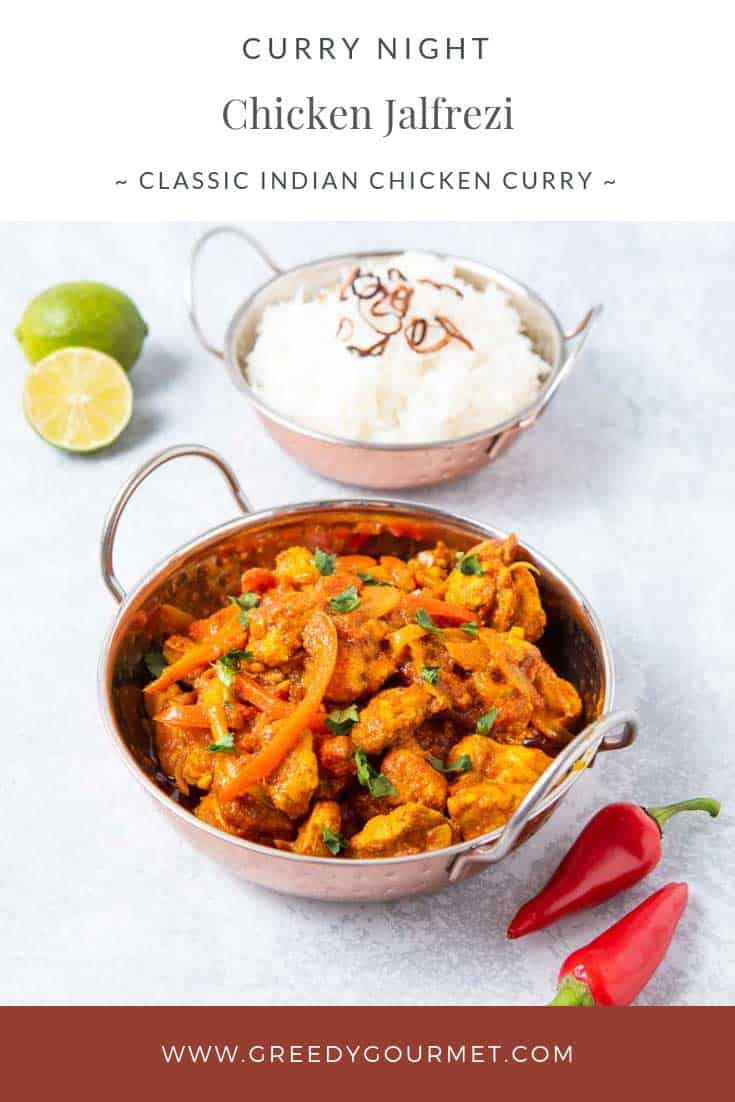 Bowl of Chicken Jalfrezi and white rice, a full Indian meal