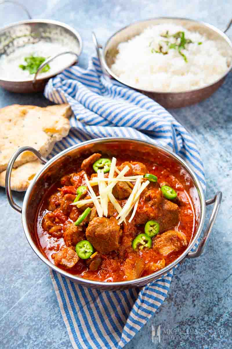 Bowl of lamb karahi and white rice