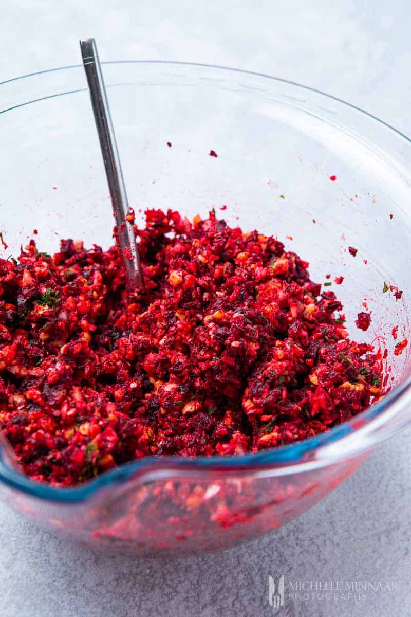 Bowl of shredded beetroot 