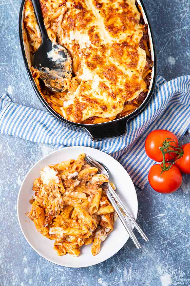 Plate of bolognese pasta bake