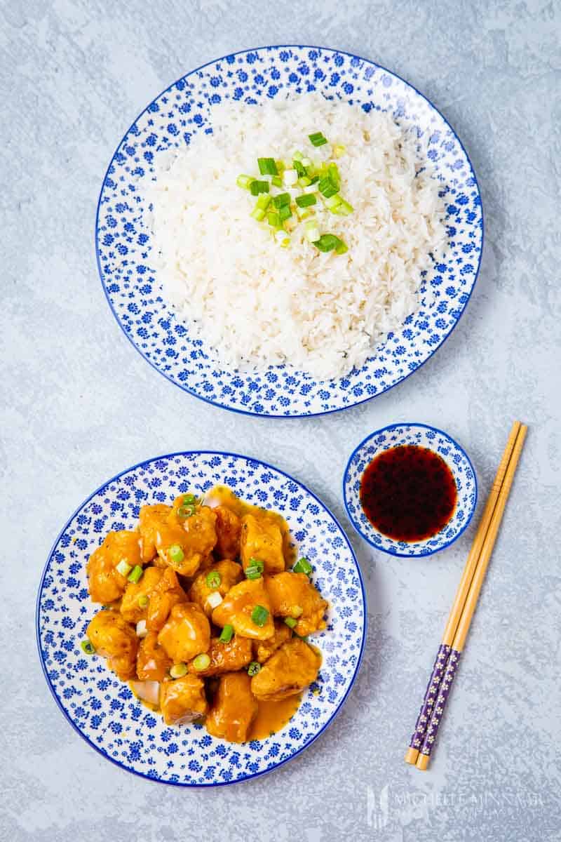 Full chinese meal, Orange peel chicken and white rice