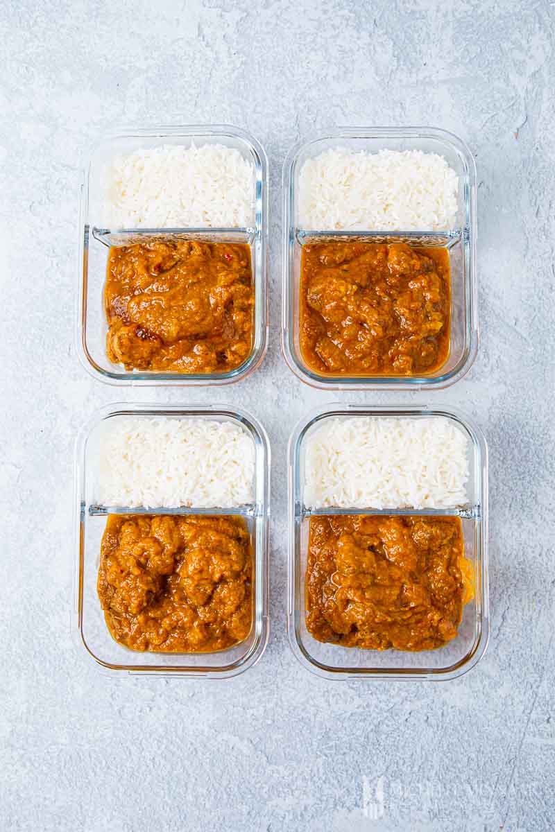 Four to go glass plates of lamb dopiaza and rice