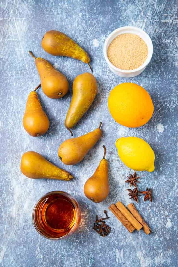 Whole Pears and ingredients to make brandied pears