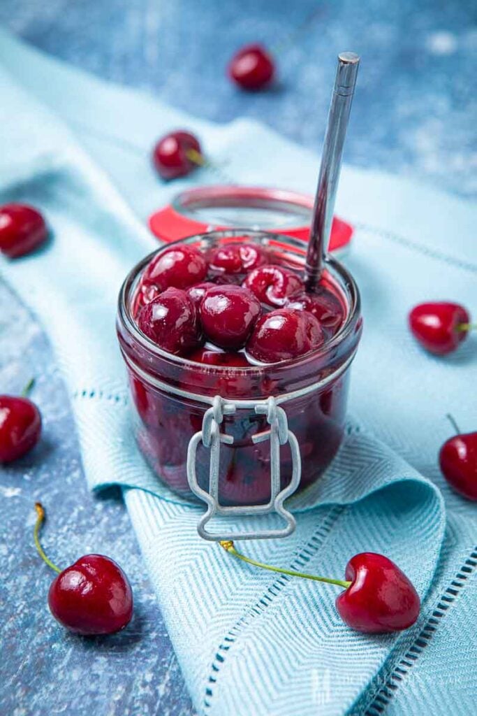 jar of red amaretto cherries