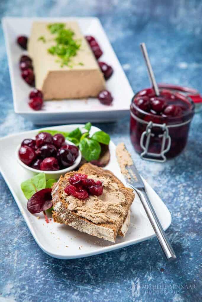 Bread with amaretto cherries spread on top 