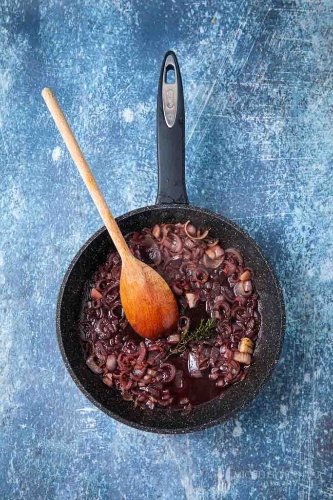 Simmering ingredients in a pan 