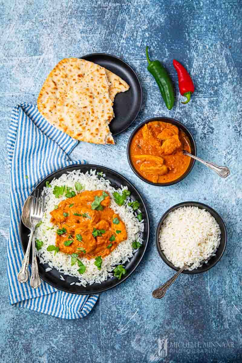 Full dinner, chicken chasni with naan and white rice