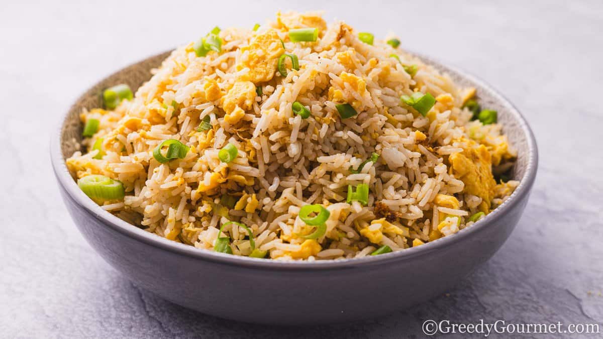 Egg fried rice in a bowl.