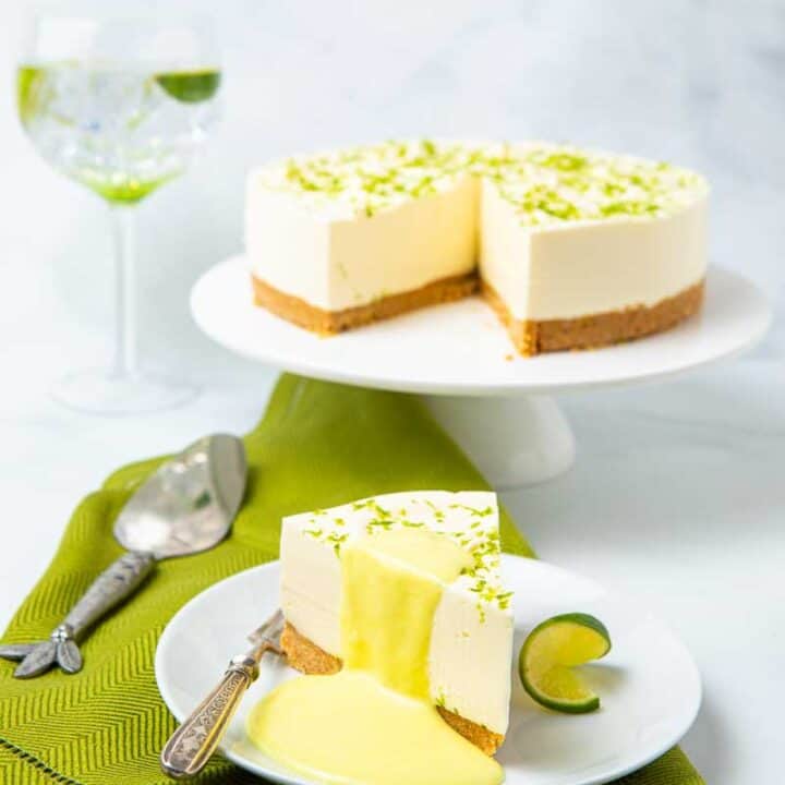 White cheesecake with lime curd drizzle