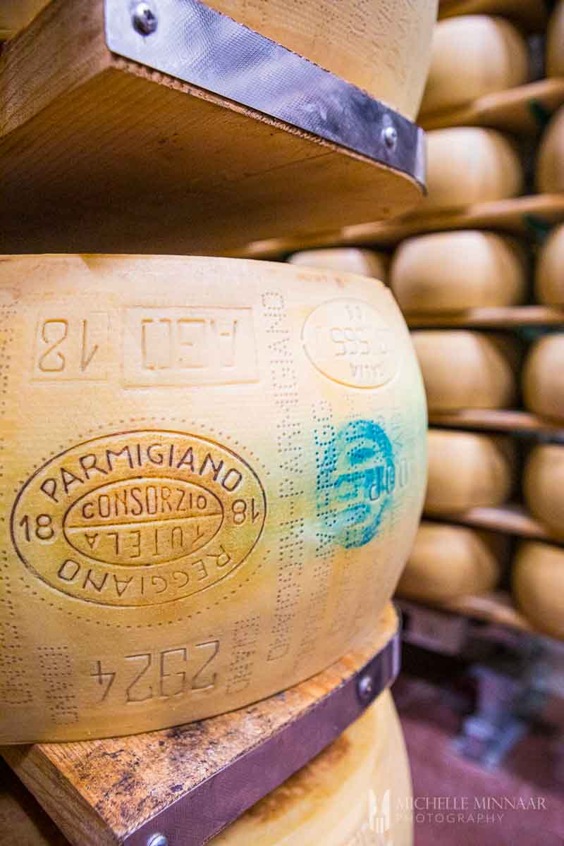 Wheels of parmesan cheese