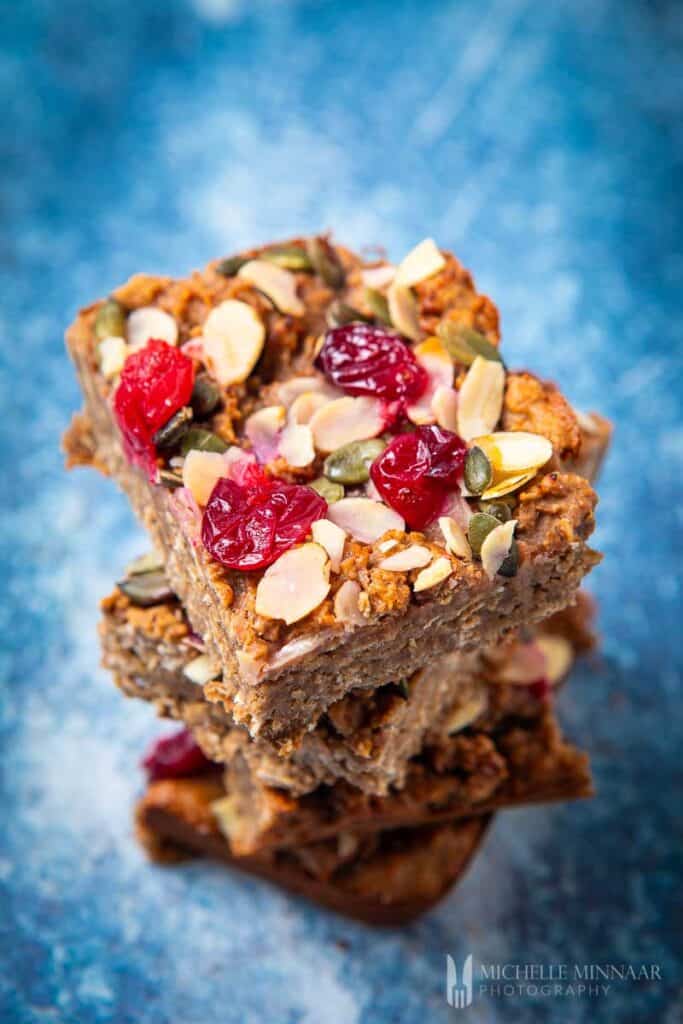 Stack of oat and fruit protein flapjacks