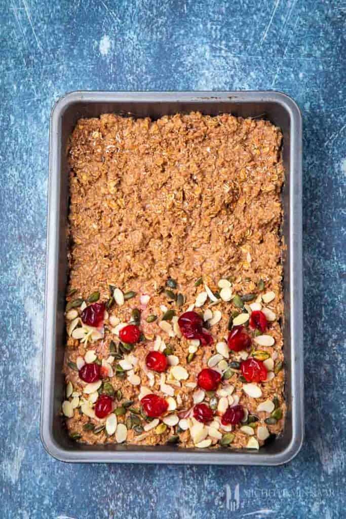 Oats and fruit in a sheet pan