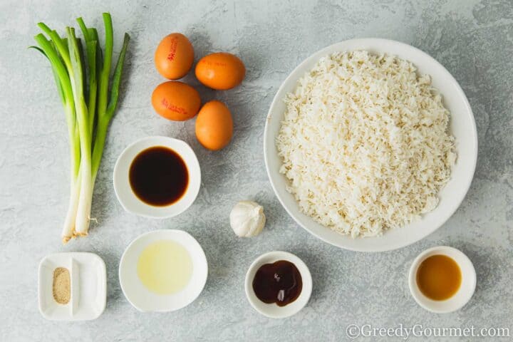 Ingredients for fried rice on a table.