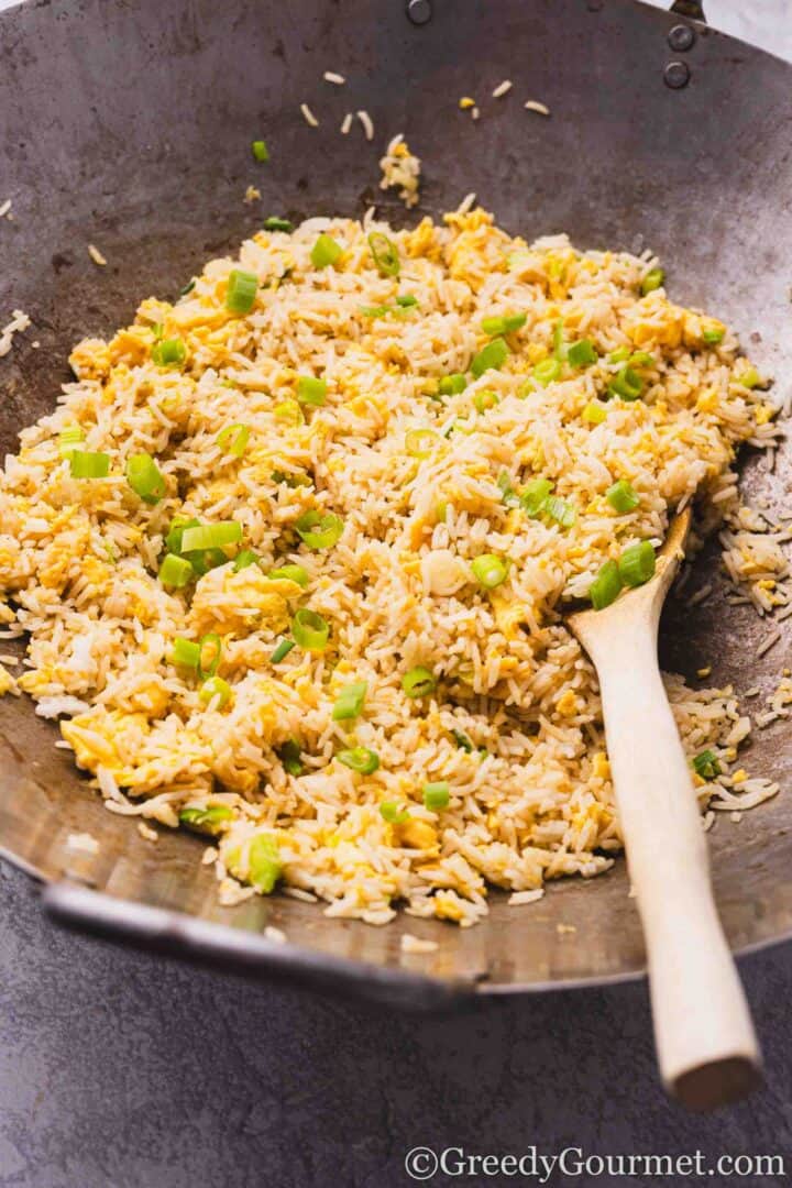 Cooked fried rice in a wok.