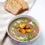 Bowl of soup maker mushroom soup and brown bread slices