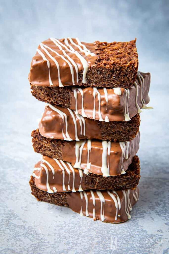 Stacked sqaures of chocolate flapjacks