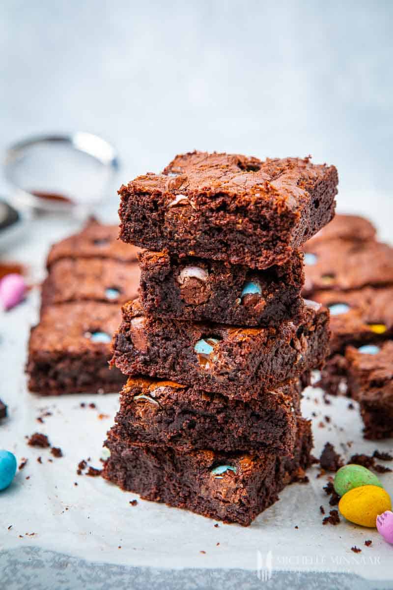 Stack of chocolate Easter egg brownies.