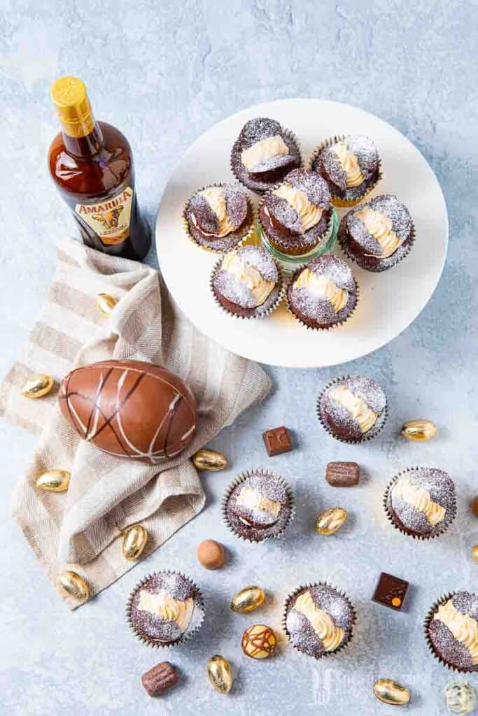 Cupcakes and a bottle of amarula and easter chocolates on display