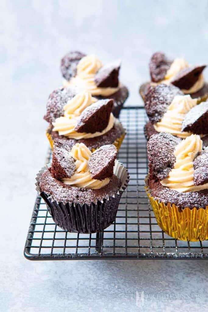 Close up of completed Chocolate Fairy Cakes with Amarula Buttercream