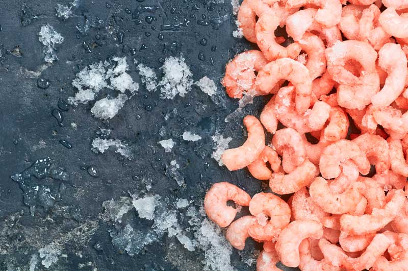 Large pink prawns on counter